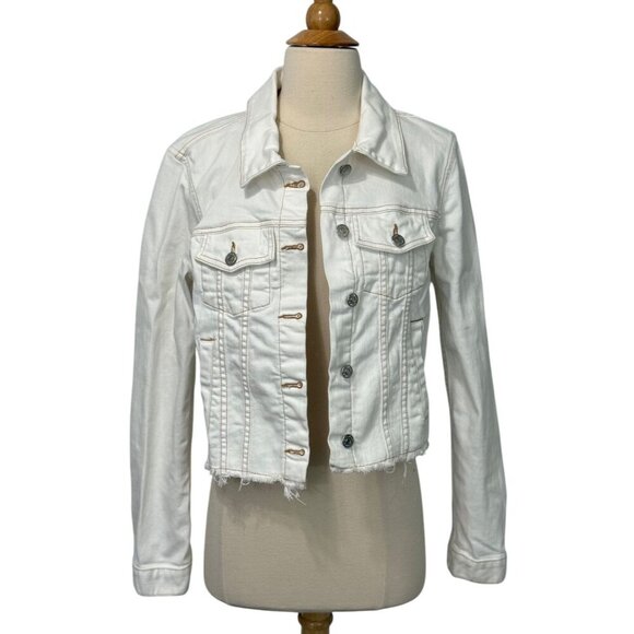 Veronica Beard Cara Cropped Denim Jean Jacket Ivory Off White Raw Hem Size S - Picture 15 of 15